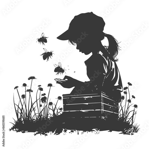 Silhouette: Girl with Bees, Hive, and Flowers.
