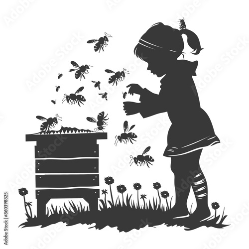 Silhouette: Girl & Bees near Hive, Dandelions, Childhood Curiosity.