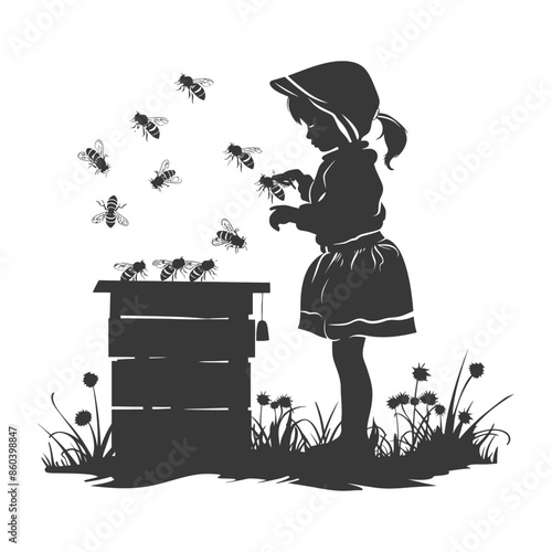 Silhouette: Girl with Bees and Hive, Honey Harvesting, Childhood Wonder.
