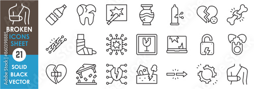 A set of line icons related to broken. Broken sets of arms, bottle, heart, building, link, arrow, lock, eggs, bone, processor, leg, and so on. Vector outline icons set.