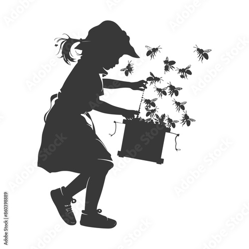Silhouette of Girl with Bees and Hive Bucket.