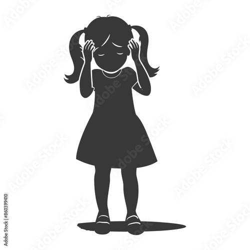 Headache Silhouette: Little Girl with Pigtails Holding Temples, Pain, Stress.