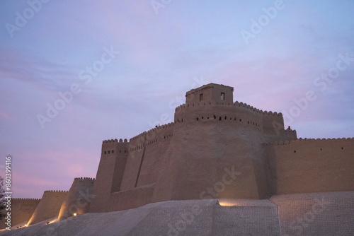 Fortress walls of Khiva at sunset, Uzbekistan