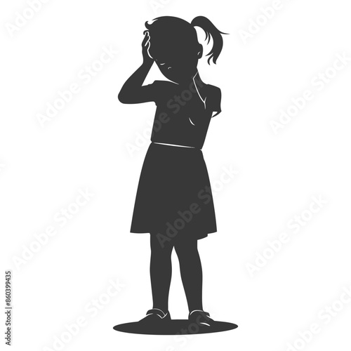 Silhouette of a Girl with Ponytail, Hand to Head, Thinking or Shy, Isolated on White