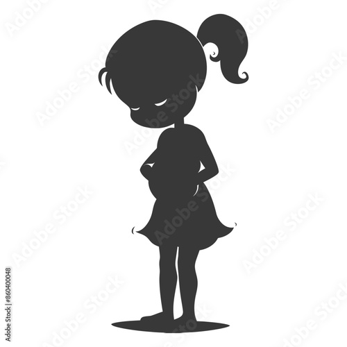 Silhouette of Sad Cartoon Girl with Hands on Stomach.