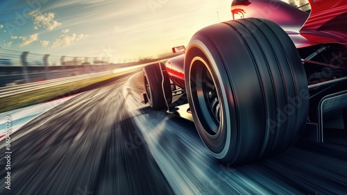 Red race car speeding on track, vibrant motion blur photo