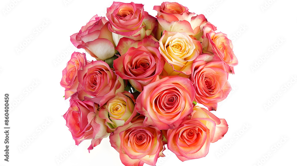 roses in a bouquet on a white background round flower arrangement top view as a gift for an anniversary pink yellow roses : Generative AI roses in a bouquet on a white background round flower arrangement top view as a gift for an anniversary pink yellow roses : Generative AI