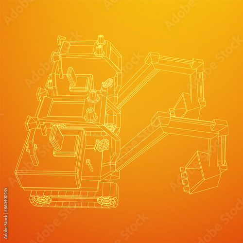 Heavy equipment excavator machine manufacturing power equipment for open pit mining. Wireframe low poly mesh vector illustration