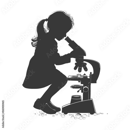 Silhouette of Curious Girl Squatting, Exploring with Microscope, Scientific Discovery Concept.