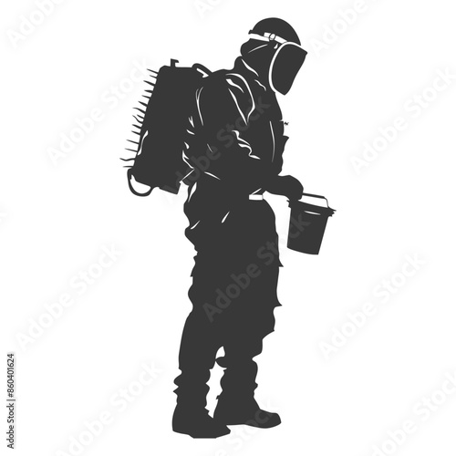 Silhouette of a Man in Hazmat Suit Carrying Sprayer and Bucket