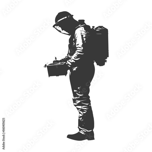 Silhouette: Hazmat Worker Operating Equipment with Backpack, Protective Gear.