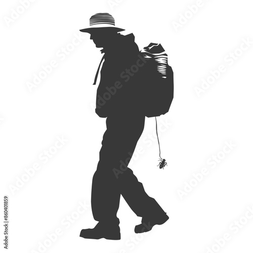 Silhouette of a Hiker with Backpack and Hat, Walking.
