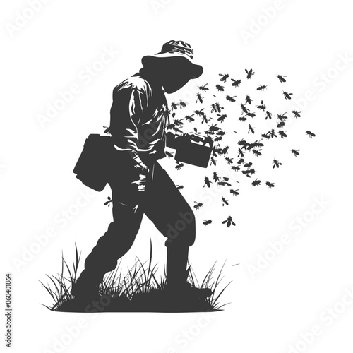 Silhouette Beekeeper Working with Swarming Bees.