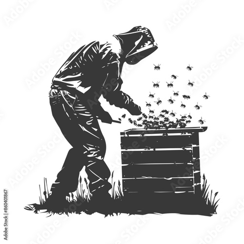 Beekeeper in Protective Suit with Hive, Vector Silhouette.