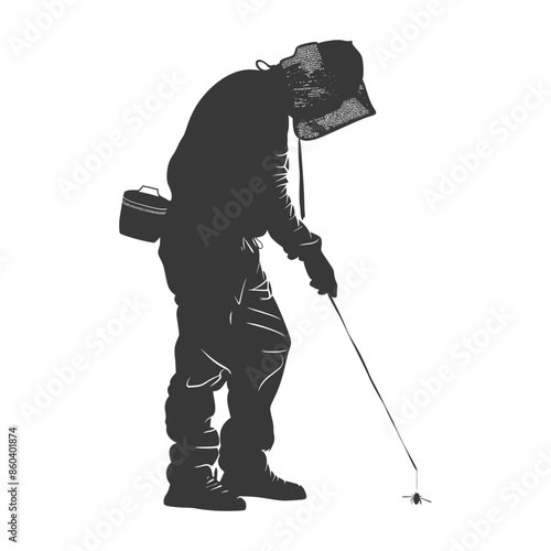 Silhouette: Entomologist with Insect Net, Black and White Vector Illustration.