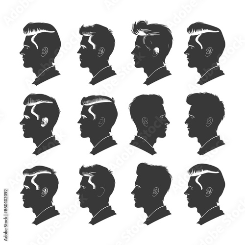 Grooming Silhouettes: Men's Hairstyles Collection, Black and White Profile Views.