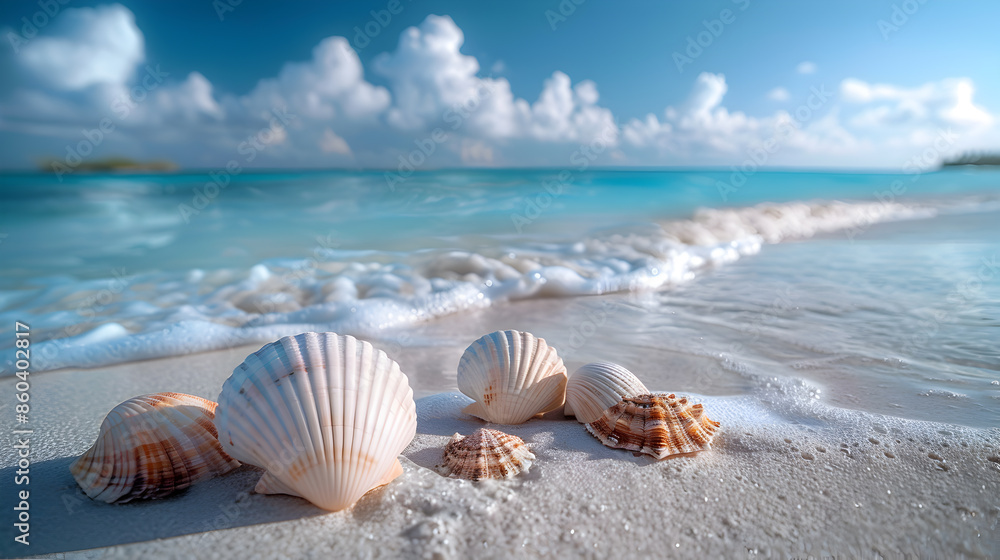 Beautiful Seashells on a Sandy Beach with Crystal Clear Blue Water and a Bright Sky Beautiful Seashells on a Sandy Beach with Crystal Clear Blue Water and a Bright Sky