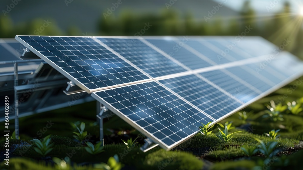 Fototapeta premium Solar panels in a field, capturing energy from the sun.