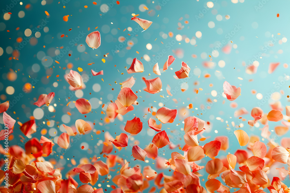 Vibrant Petals in Motion Against a Bright Blue Background with Bokeh Effect Vibrant Petals in Motion Against a Bright Blue Background with Bokeh Effect