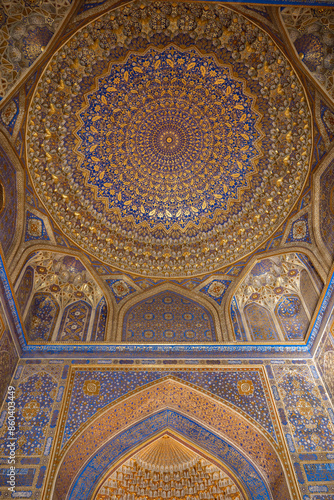 Details of the ceiling of the Tilla-Qari Mosquee, in Tilla-Qari Medersa, on Registan Square in the city of Samarkand, Uzbekistan