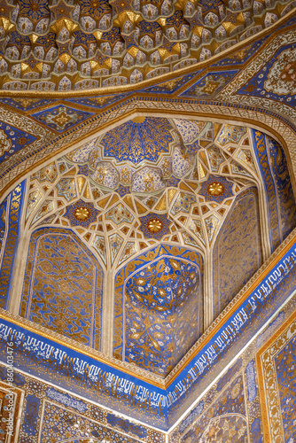 Details of the ceiling of the Tilla-Qari Mosquee, in Tilla-Qari Medersa, on Registan Square in the city of Samarkand, Uzbekistan