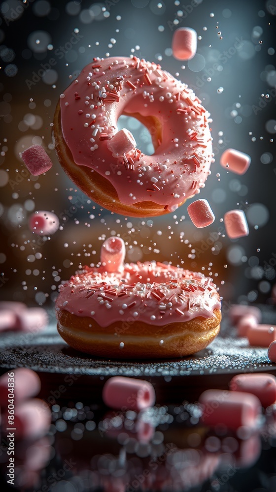 Pink Sprinkled Donut and Marshmallows Falling on Black Surface Pink Sprinkled Donut and Marshmallows Falling on Black Surface