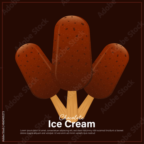 Realistic chocolate ice cream. Vector ad poster. Icecream on stick with nuts. Sweet creamy dessert, dairy frozen summer food.