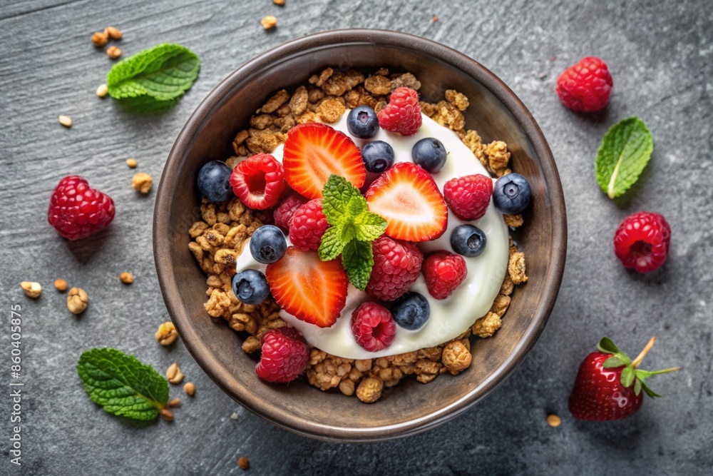 Muesli bowl with yogurt and berries on concrete table top. Healthy breakfast, top view. Muesli bowl with yogurt and berries on concrete table top. Healthy breakfast, top view.