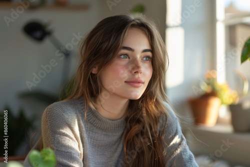 Young woman in a cozy  sunlit room  looking pensively out the window.