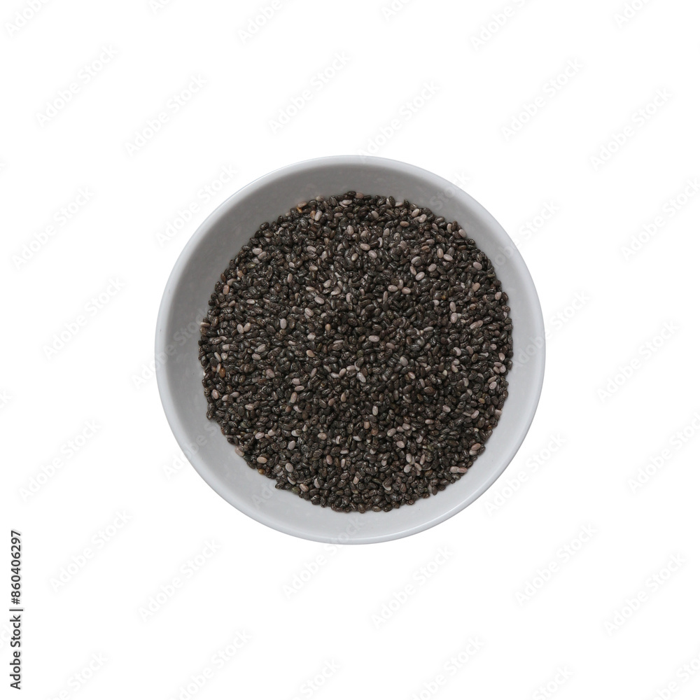 White bowl of chia seeds isolated on transparent background. Bowl with chia seeds isolated on white, top view. White bowl of chia seeds isolated on transparent background. Bowl with chia seeds isolated on white, top view.