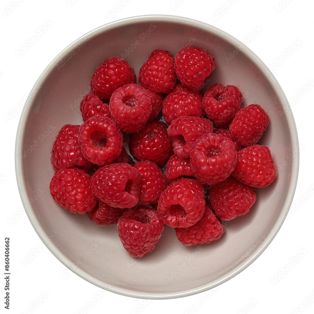Bowl of fresh red raspberries isolated on transparent background. Top up view white ceramic bowl with raspberry. Bowl of fresh red raspberries isolated on transparent background. Top up view white ceramic bowl with raspberry.