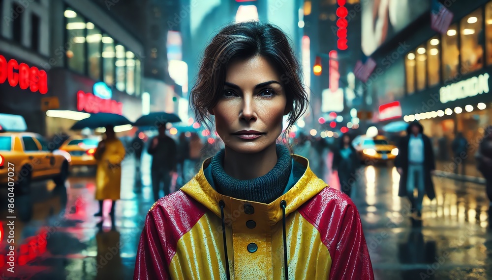 A dramatic portrait of a middle-aged woman standing in a bustling city street during a rainy day A dramatic portrait of a middle-aged woman standing in a bustling city street during a rainy day
