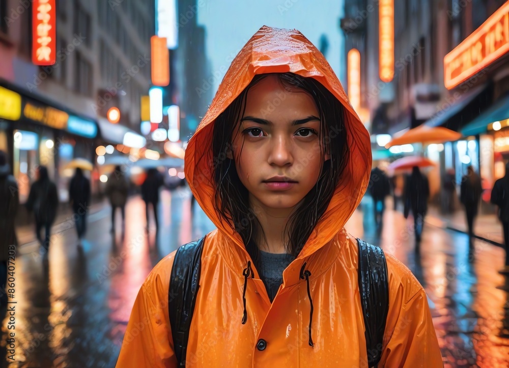 An image of a girl standing in a bustling city street during a rainy An image of a girl standing in a bustling city street during a rainy