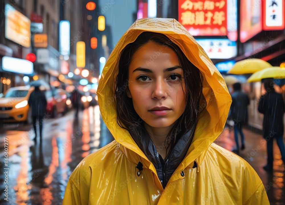 An image of a woman standing in a bustling city street during a rainy day An image of a woman standing in a bustling city street during a rainy day