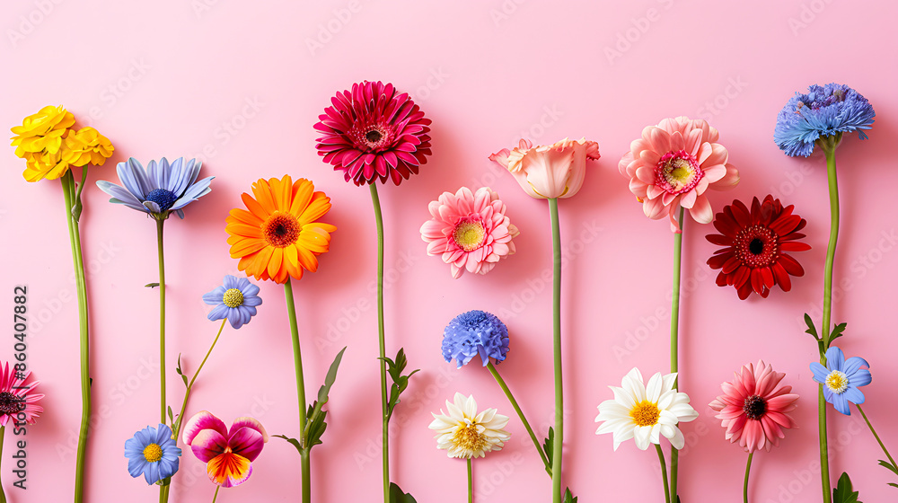 A variety of colorful flowers arranged in a row against a pink background, showcasing different shades and types of blooms. A variety of colorful flowers arranged in a row against a pink background, showcasing different shades and types of blooms.