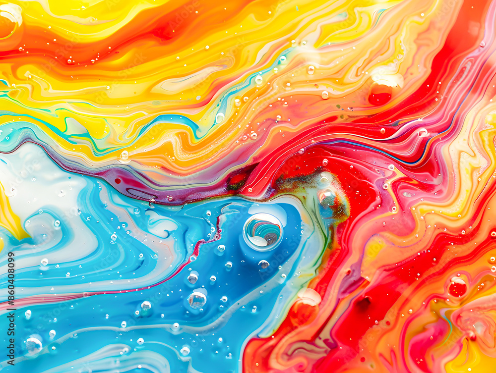 Colorful abstract oil painting with vibrant red, yellow, orange, and blue hues blending together with water drops for a dynamic, fluid look. Colorful abstract oil painting with vibrant red, yellow, orange, and blue hues blending together with water drops for a dynamic, fluid look.