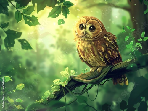 Friendly Owl Perched on Tree Branch - Delightful Forest Wildlife SceneCute Bird photo