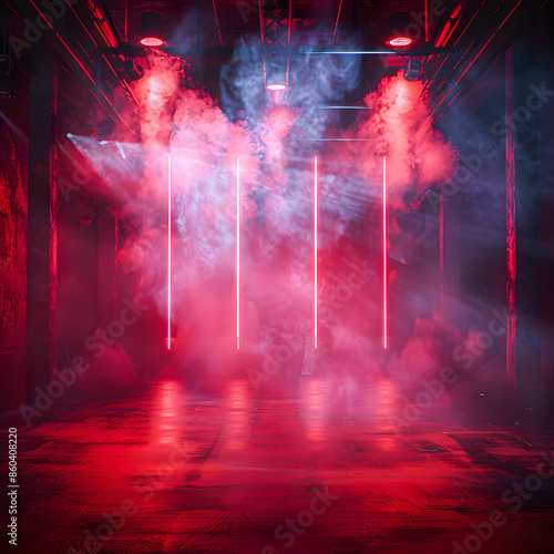 Dimly lit room with vibrant red and blue neon lights, creating a mysterious atmosphere filled with fog and reflections.