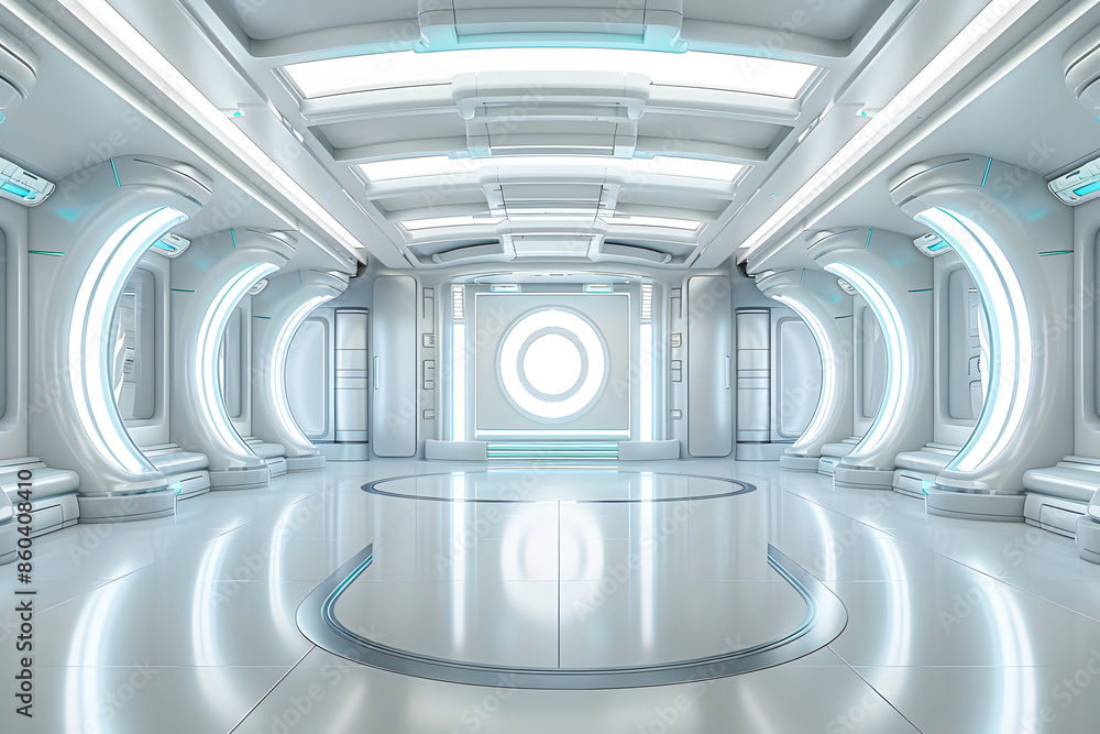 Fototapeta premium Futuristic, sleek hallway with advanced lighting and metallic design. Ideal for sci-fi, technology, and modern architecture themes.