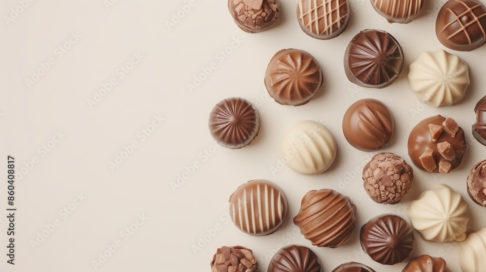 White background with chocolate candies and copy space. Decorated chocolate candy. Set of sweets. Present. Handmade White background with chocolate candies and copy space. Decorated chocolate candy. Set of sweets. Present. Handmade