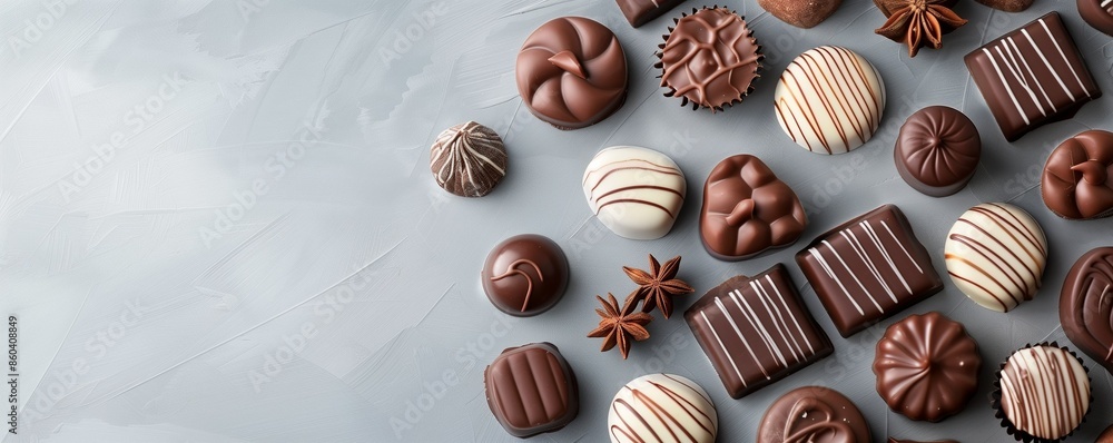 Light grey background with chocolate candies and copy space. Decorated chocolate candy. Set of sweets. Present. Handmade Light grey background with chocolate candies and copy space. Decorated chocolate candy. Set of sweets. Present. Handmade