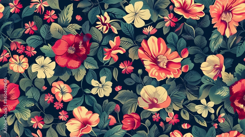 Vibrant floral seamless pattern with red, yellow, and green hues on a dark background Vibrant floral seamless pattern with red, yellow, and green hues on a dark background