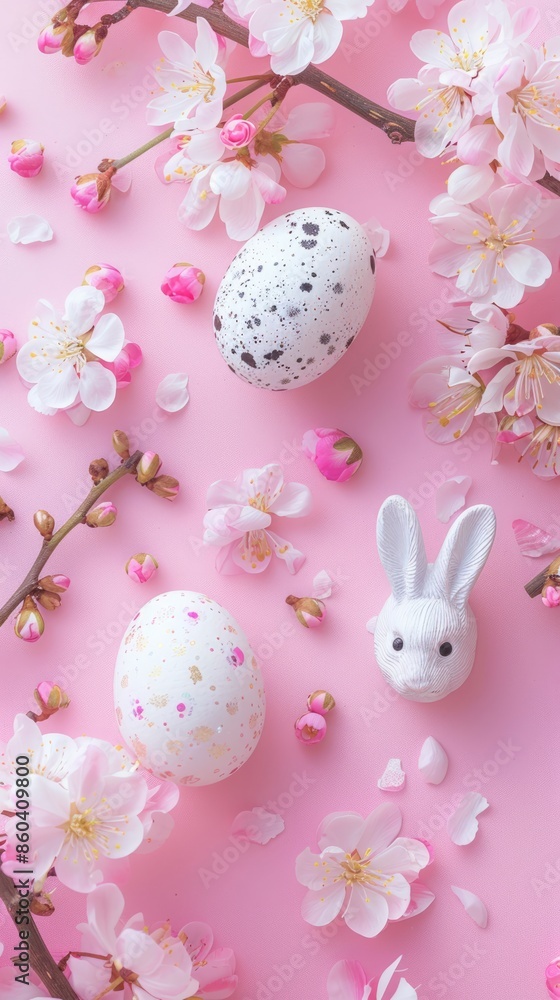 Happy Easter concept. Cute Easter eggs, bunny and spring flowers on pink table. Flat lay, top view, copy space. Happy Easter concept. Cute Easter eggs, bunny and spring flowers on pink table. Flat lay, top view, copy space.