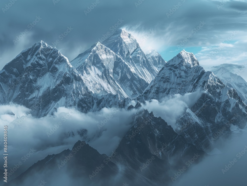 Fototapeta premium Mount EverestLhotse, Nuptse, and Pumori - Majestic Himalayan Peaks Panorama.