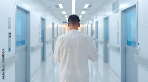 A doctor in a white coat walking down the hospital hallway,