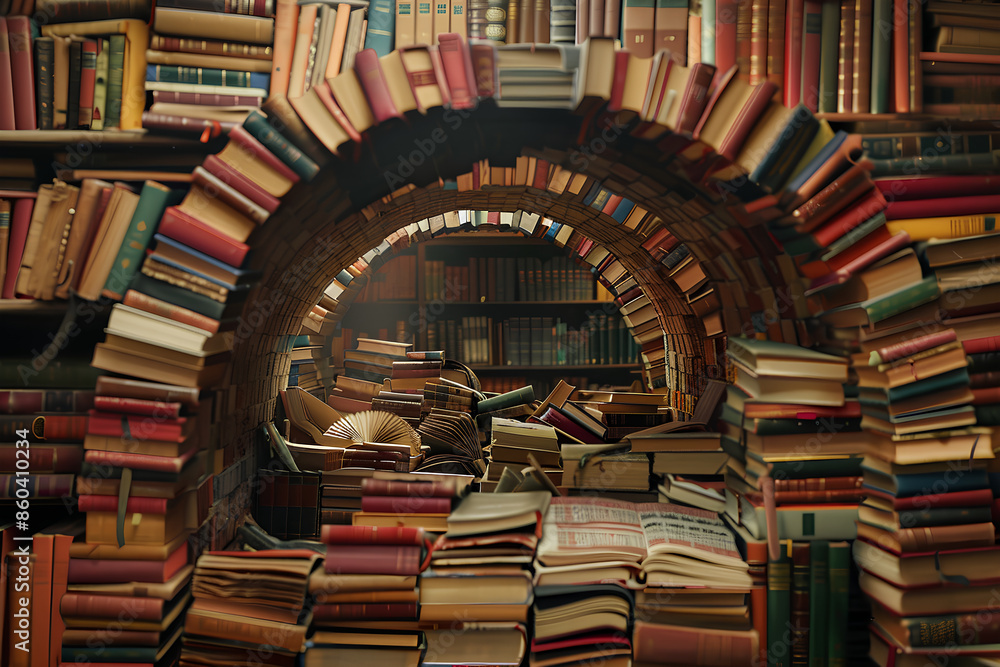 A book arch made of many books, with the spines facing outwards and stacked on top of each other in an arched pattern. A book arch made of many books, with the spines facing outwards and stacked on top of each other in an arched pattern.
