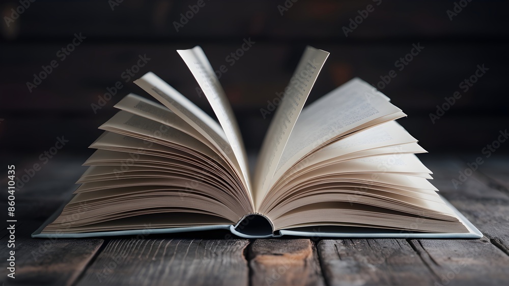 Obraz premium Close-up of an open book with white paper pages filled with text, on wooden table, isolated from the background. A diary in the interior of a house, in an empty room , concept of education, studying.