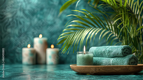 Calming spa environment featuring lit candles, rolled towels, and green foliage, creating a tranquil and relaxing atmosphere.