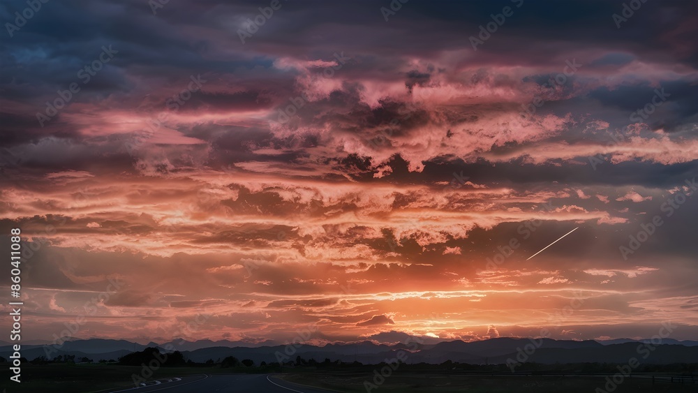 Obraz premium Beautiful summer landscape of sunrise or sunset, sunlight in the sky with vivid colors of yellow, orange, and red, mountains in the distance, nature, forests, colorful natural twilight