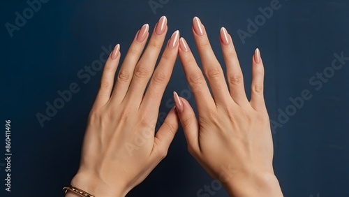 Close-up Hands of a young woman or girl with a modern manicure, a female with glamorously painted and polished fingers in pink and white color, against a blue background.